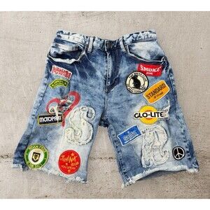 Grindhouse Denim Shorts Mens 30 Blue Patched AOP Hip Hop Trashed Rips Grunge Y2K